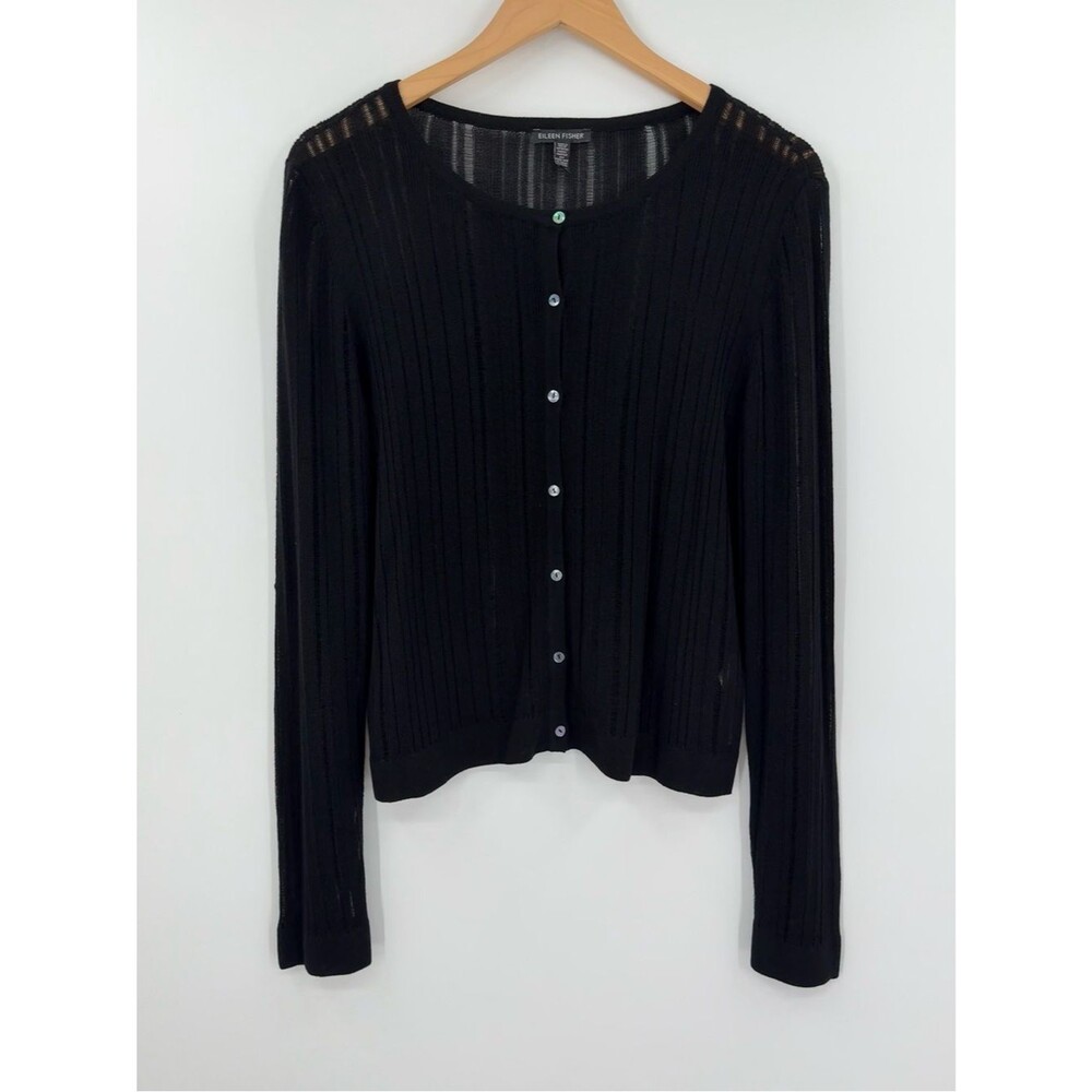 Eileen Fisher Tencel Button Front Sheer Stripe Knit Cardigan | Black | Medium